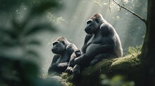  A Couple Of Gorillas Sitting On Top Of A Lush Green Forest Covered In Leaves And Trees In Front Of A Bright Light Shining Down On Them.  Generative Ai