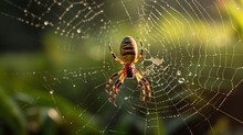 Golden Orb-weaver Spider Perched On Its Meticulously Woven Web, Glistening With Morning Dew