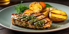 Grilled Swordfish Steak With A Zesty Herb Marinade, Accompanied By Roasted Potatoes