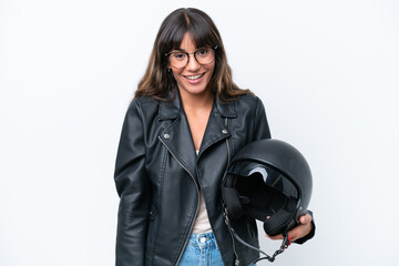 Wall Mural - Young caucasian woman with a motorcycle helmet isolated on white background with surprise facial expression