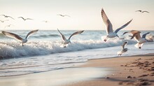  A Flock Of Seagulls Flying Over A Beach Next To The Ocean With Waves Crashing In On The Shore And A Person Standing On The Beach.  Generative Ai