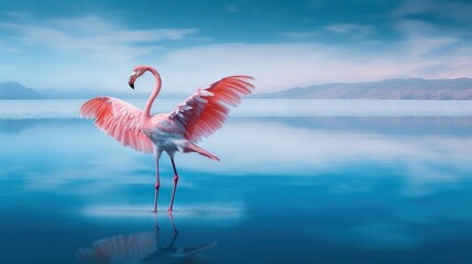  a pink flamingo standing in the water with its wings spread out and it's head turned to the side, with mountains in the background.  generative ai