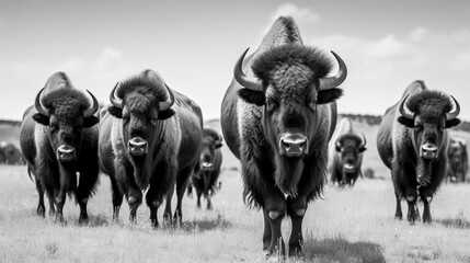 Sticker -  a herd of buffalo standing on top of a grass covered field next to a forest filled with tall grass and trees in the distance,.  generative ai