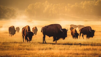 Poster -  a herd of buffalo grazing on a dry grass field in the early morning sun with trees in the background and fog in the air behind.  generative ai