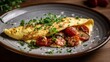 cooked chorizo omelette garnished with herbs on a white plate