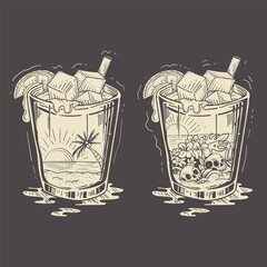 Poster - Two glasses of summer cocktails on a dark background. Hand drawn vector illustration
