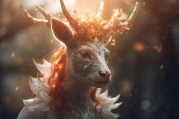 Sticker - A close up of a deer wearing a crown. Generative AI image.