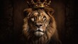  a lion with a crown on its head in a dark room with a dark wall and a wooden door in the backround of the photo.  generative ai
