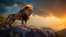  A Lion Standing On Top Of A Rock In The Middle Of A Forest At Sundown With Clouds In The Background And A Sunset Behind It.  Generative Ai