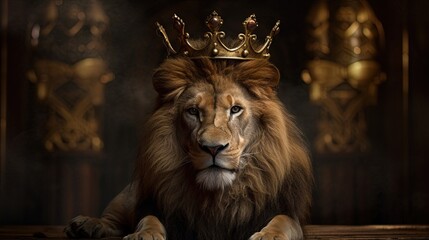  a lion with a crown on its head sitting on a wooden table in front of a dark background with gold ornaments on it's head.  generative ai