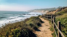  A Path Leading To The Beach With A Fence In The Foreground And A View Of The Ocean In The Distance, Along With A Fence In The Foreground.  Generative Ai