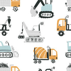 Wall Mural - Vector hand-drawn seamless repeating children simple pattern with cars in Scandinavian style on a white background.Kids seamless pattern with building equipment. Funny construction transport