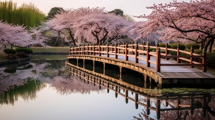 Poster -  a wooden bridge over a body of water surrounded by cherry blossom trees in the background, with a pond in the foreground and a bridge in the foreground.  generative ai