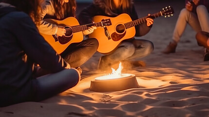 Group of young people having fun sitting around the campfire. Generative AI