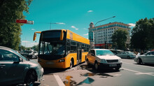  Passenger Yellow Bus And Car Among The Wreckage After An Accident On The Road. Accident And Life Insurance Concept. Generative AI