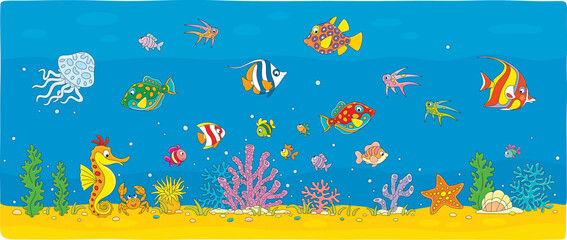 Wall Mural - Exotic small fishes swimming in blue water of a colorful coral reef in a tropical southern sea, vector cartoon illustration