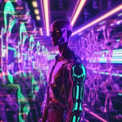 Sticker - A man in a futuristic suit standing in front of neon lights. Generative AI image.