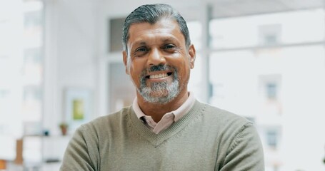 Wall Mural - Confidence, happy and face of a businessman with crossed arms for leadership in his modern office. Happiness, smile and professional senior male ceo standing with a positive mindset in the workplace.