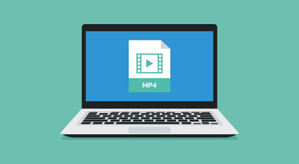 Poster - file format icon with mp4 label on laptop screen, vector flat illustration
