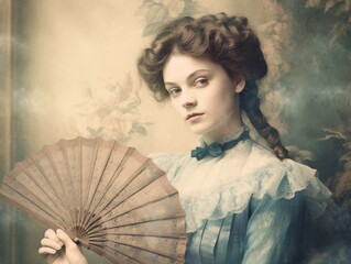 A woman in a blue dress holding a fan. Generative AI image.