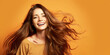 Happy smiling young woman with beautiful long brown hair. Geneartive AI. Generative AI