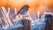 European Robin or Robin Redbreast songbird in snowy weathe in winter.Beautiful festive scene,  Created using generative AI tools.