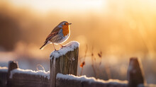 European Robin Or Robin Redbreast Songbird In Snowy Weathe In Winter.Beautiful Festive Scene,  Created Using Generative AI Tools.
