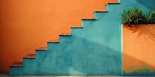 AI Generated. AI Generative. Vintage Mexican Wall With Stairs. Orange And Blue Collor. Graphic Art