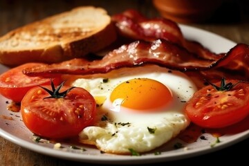 English breakfast with fried eggs, bacon, sausages, beans. Generated by AI