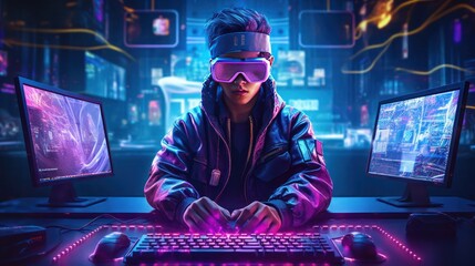 Depict a skilled cyberpunk hacker in a futuristic setting, surrounded by holographic interfaces, intricate code, and virtual reality elements