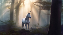 Unicorn In A Forest With Beams Of Light Behind It, In The Style Of Misty Atmosphere. Generative AI