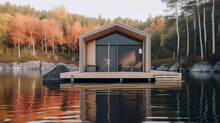 A Small Boathouse Sitting On Top Of A Body Of Water. AI Generative. Tiny House, Houseboat.