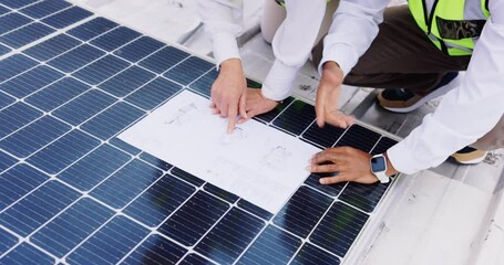 Poster - Blueprint, solar panels or hands of engineering people planning construction or photovoltaic roof. Closeup, renewable energy design or architecture team pointing or working on electricity project