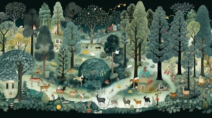 Depict a whimsical forest filled with enchanted trees, talking animals, and hidden magical beings