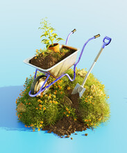 3D Illustration Of Garden Care. With A Garden Wheelbarrow Filled With Earth, A Garden Pot With A Flower And A Shovel. 3D Rendering Of A Spring Summer Garden Concept.