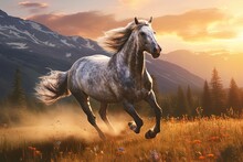 An exquisite 4K wallpaper showcasing an photograph of a majestic horse galloping freely in a sunlit meadow. Illustration. Generative AI. 