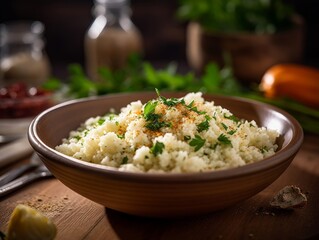 cauliflower rice garnished with herbs and spices, served in a white bowl on a wooden table