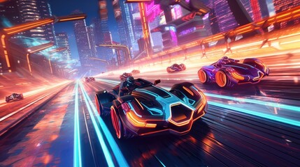 Wall Mural - Illustrate a high - octane futuristic racing scene, featuring sleek hovercraft or hyper - fast vehicles speeding through neon - lit tracks with twists, turns, and challenging obstacles