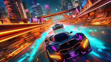 Wall Mural - Illustrate a high - octane futuristic racing scene, featuring sleek hovercraft or hyper - fast vehicles speeding through neon - lit tracks with twists, turns, and challenging obstacles