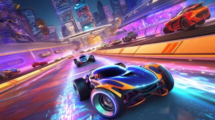 Wall Mural - Illustrate a high - octane futuristic racing scene, featuring sleek hovercraft or hyper - fast vehicles speeding through neon - lit tracks with twists, turns, and challenging obstacles