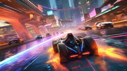 Wall Mural - Illustrate a high - octane futuristic racing scene, featuring sleek hovercraft or hyper - fast vehicles speeding through neon - lit tracks with twists, turns, and challenging obstacles