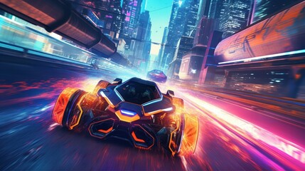 Wall Mural - Illustrate a high - octane futuristic racing scene, featuring sleek hovercraft or hyper - fast vehicles speeding through neon - lit tracks with twists, turns, and challenging obstacles