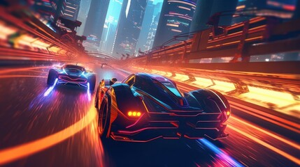 Wall Mural - Illustrate a high - octane futuristic racing scene, featuring sleek hovercraft or hyper - fast vehicles speeding through neon - lit tracks with twists, turns, and challenging obstacles