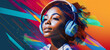 poster of an afro young woman with headphones on modern colorful background.  Image Generative AI.