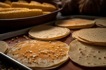 cornmeal sprinkled on a baking sheet next to freshly baked corn tortillas