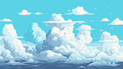 Aufkleber - Pixel art sky background, clouds, blue sky, 8 bit game level, vector