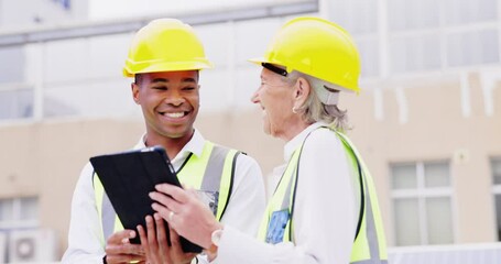 Aufkleber - Tablet, laughing or engineering people planning or speaking of construction, building or maintenance. Mature woman, funny black man or happy electrician team talking or working on electricity project