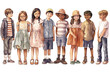 group of fiction children of different races and nationalities standing together in watercolor style on transparent background. Generative AI.