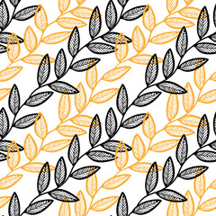 Wall Mural - Vector Illustration of black and yellow doodle leaves isolated on a white background, Seamless diagonal pattern