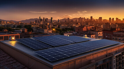 Illustration of a photovoltaic elements integrated an a roof of a building in an south american city, sustainable green engergy, ai-generatet